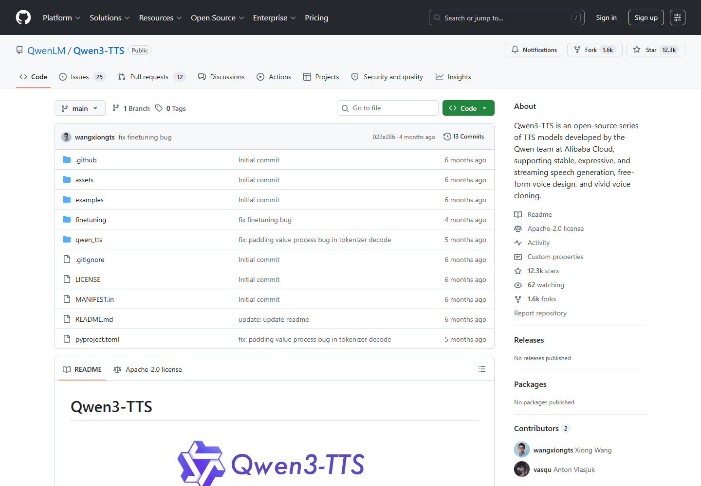 Qwen3-TTS official GitHub repository screenshot showing Alibaba Cloud Qwen's open-source TTS model family.