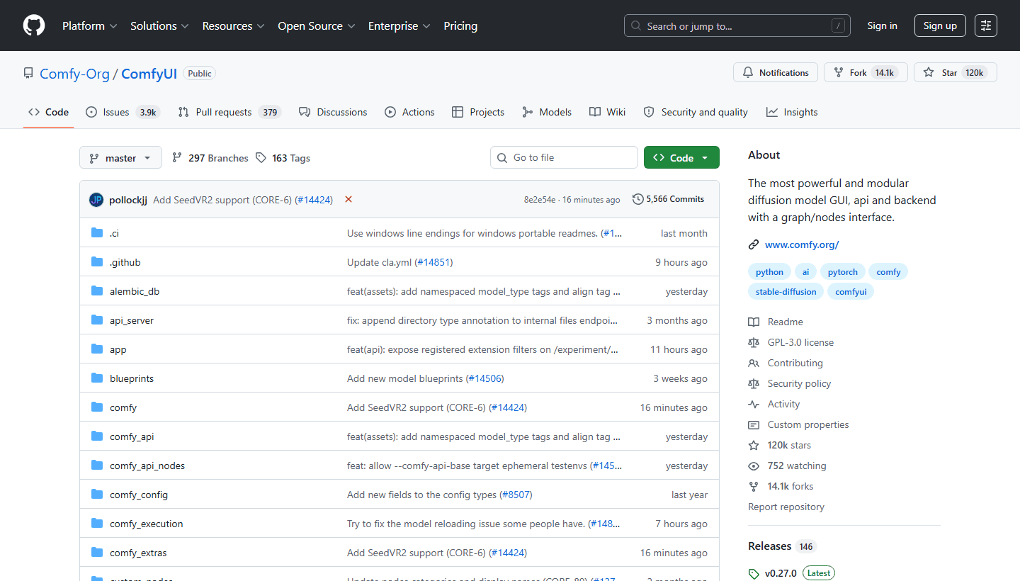 ComfyUI GitHub repository page showing the project and node-based diffusion interface description.