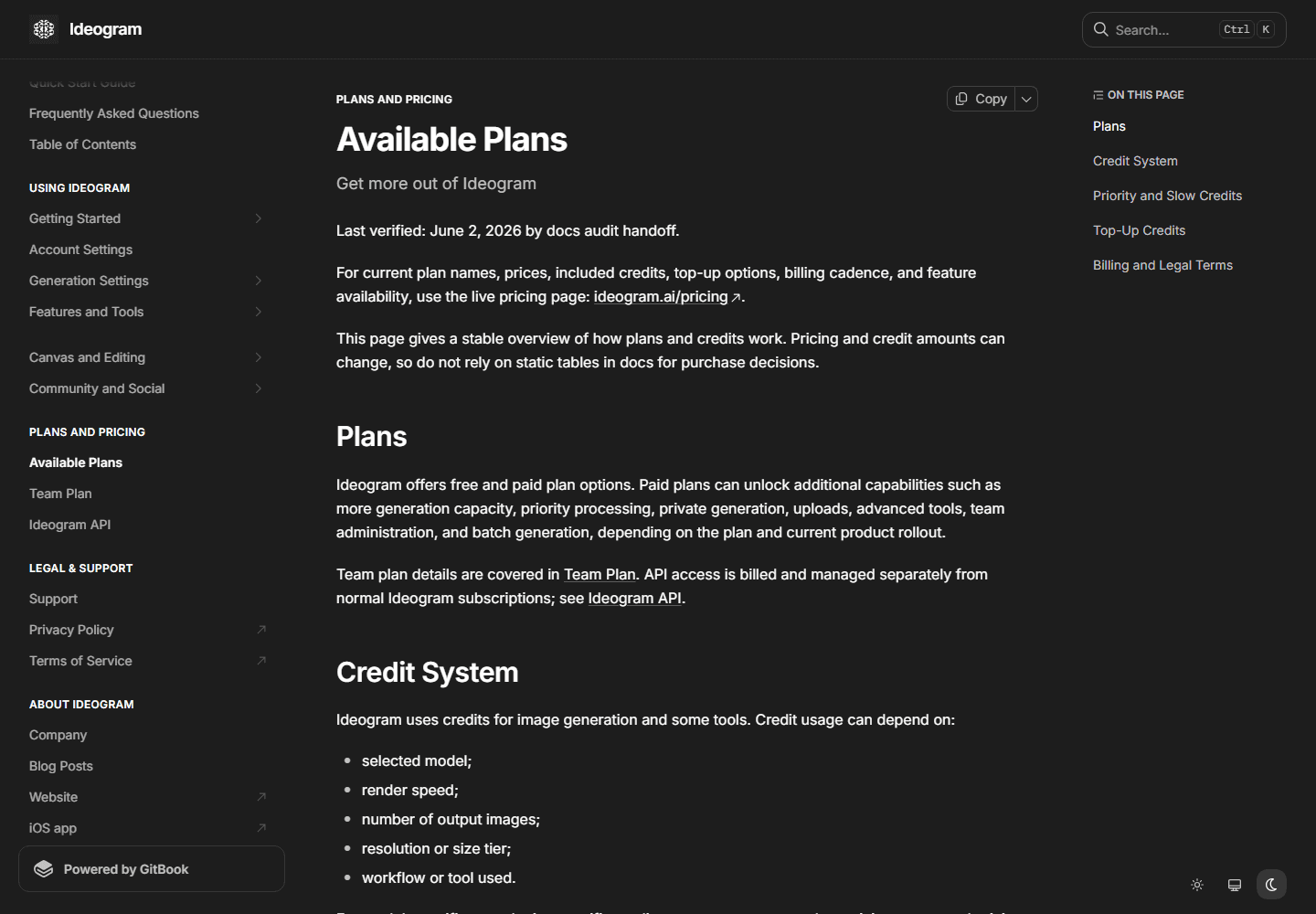 Ideogram documentation page explaining available plans and its credit system.