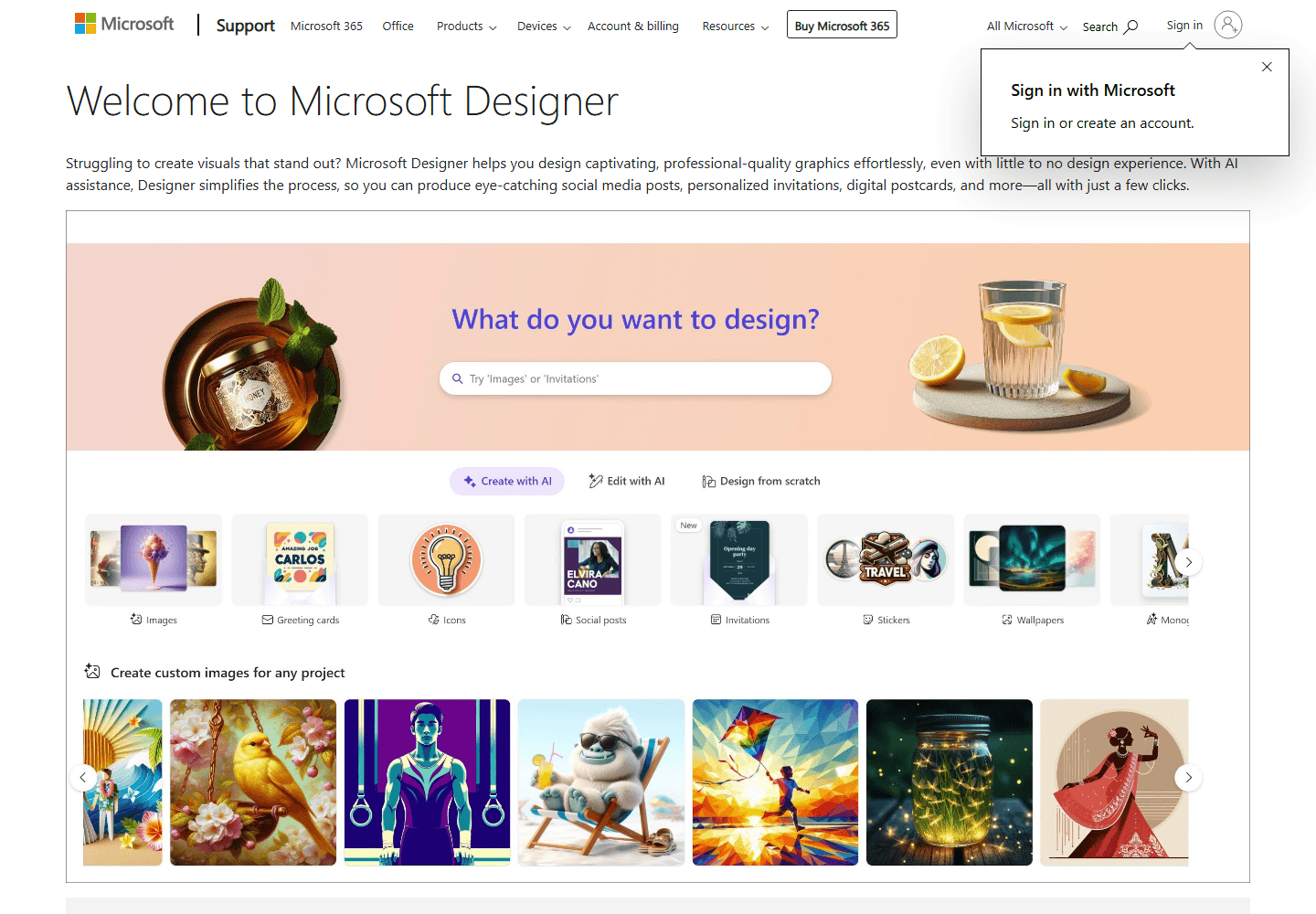 Microsoft Designer page showing the image creation workspace and example generated images.