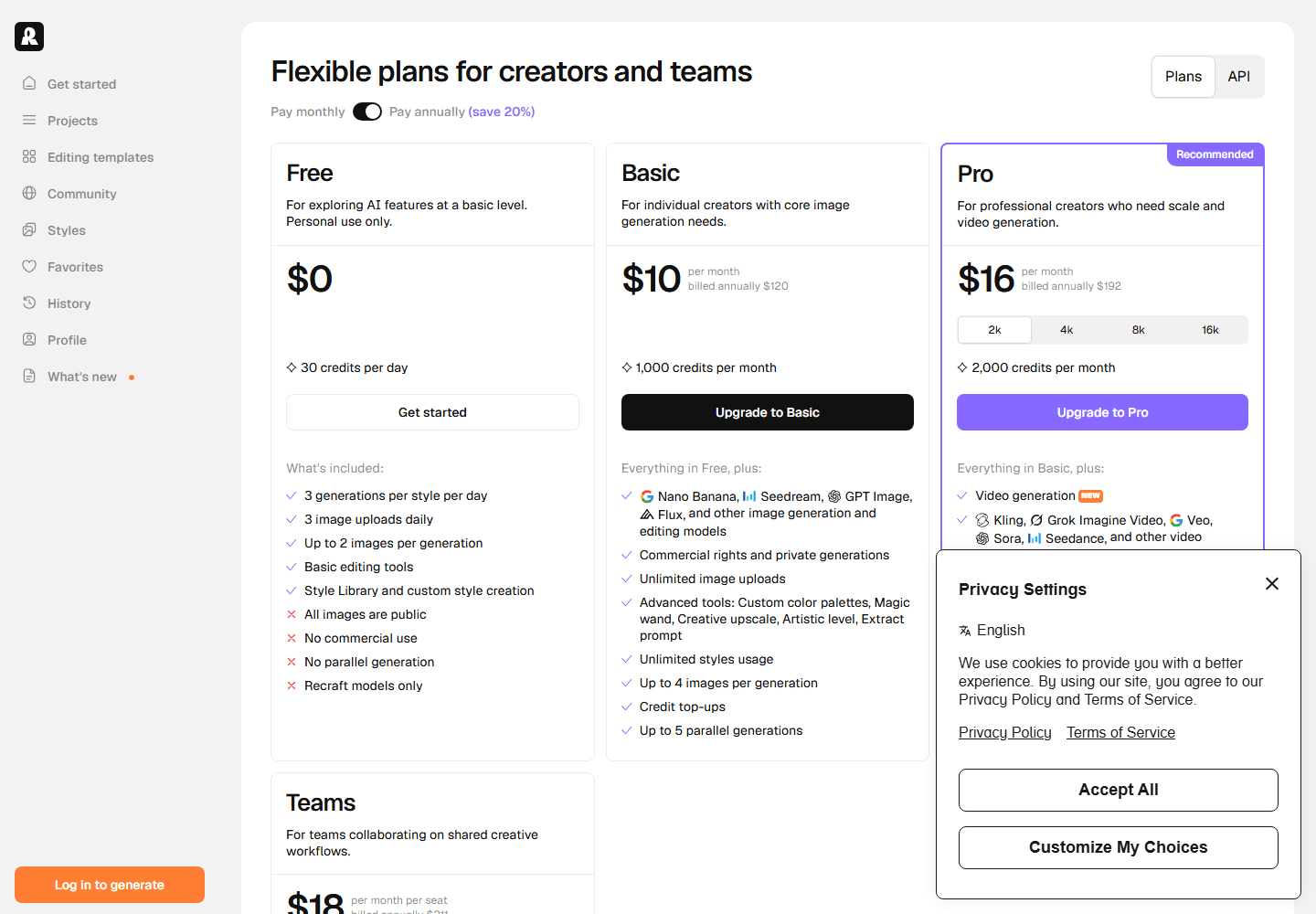 Recraft pricing page showing Free, Basic, and Pro plan details.