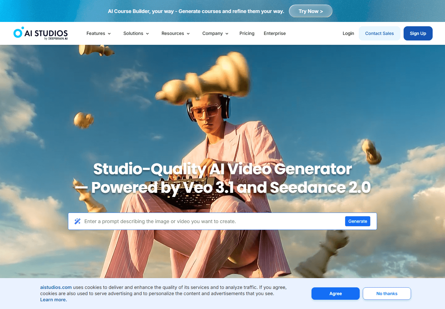 AI Studios official AI video generator page screenshot.