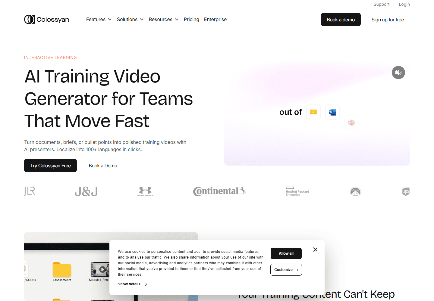 Colossyan official AI training video generator page screenshot.