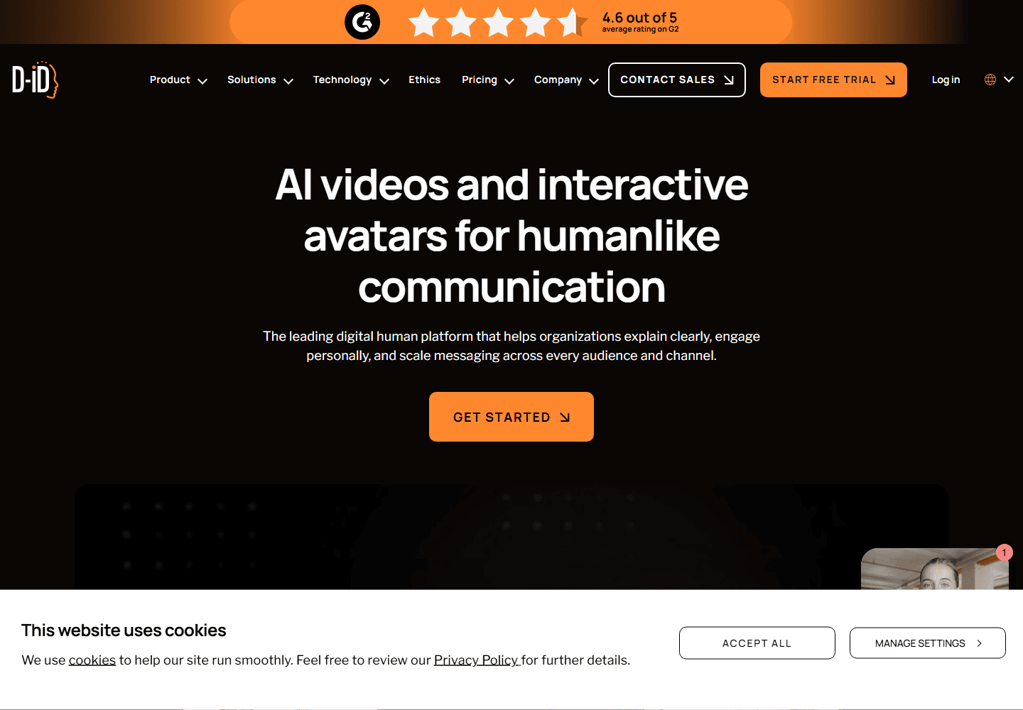 D-ID official website screenshot showing AI videos and interactive avatars.