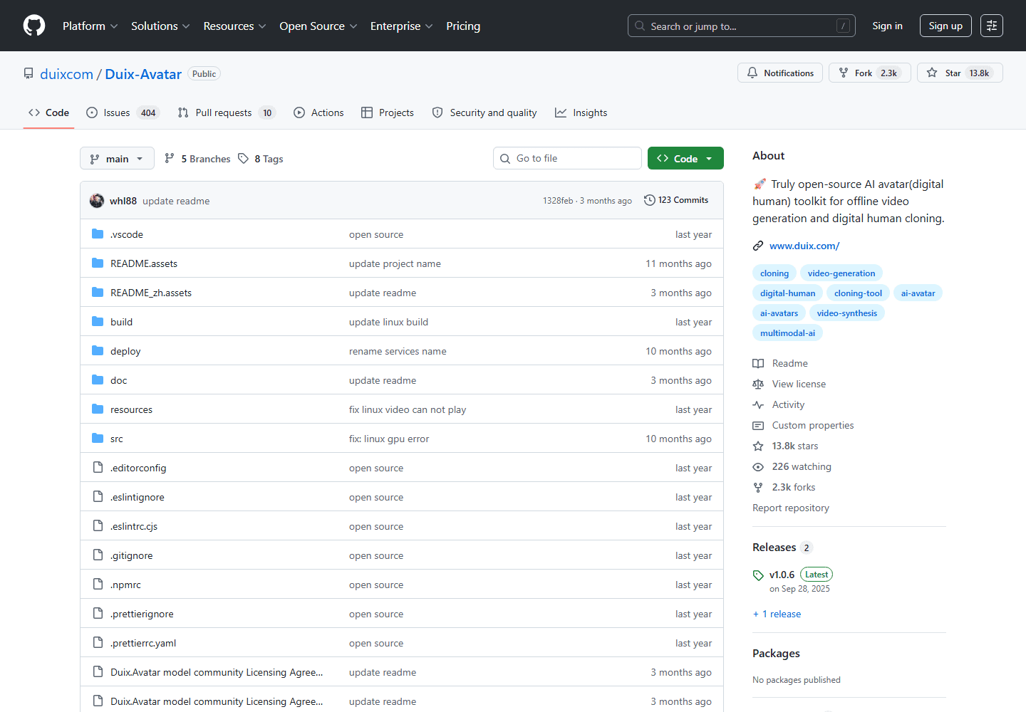 Duix-Avatar official GitHub repository screenshot showing an open-source AI avatar toolkit.