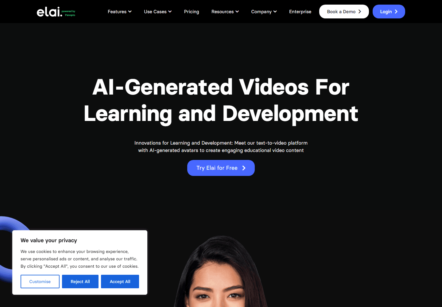Elai official learning and development page screenshot showing AI-generated videos for training.