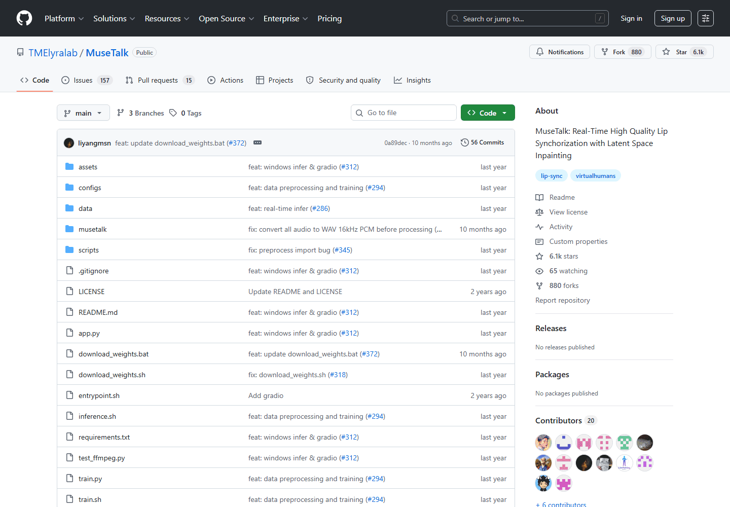 MuseTalk official GitHub repository screenshot showing real-time high quality lip synchronization.