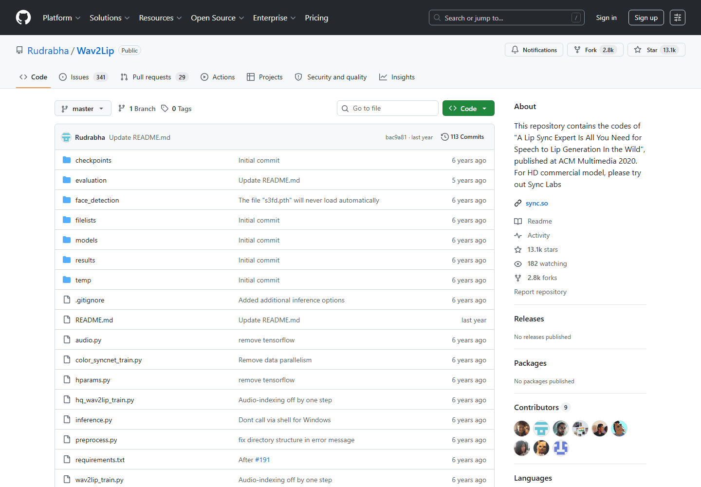 Wav2Lip official GitHub repository screenshot showing lip-syncing videos in the wild.