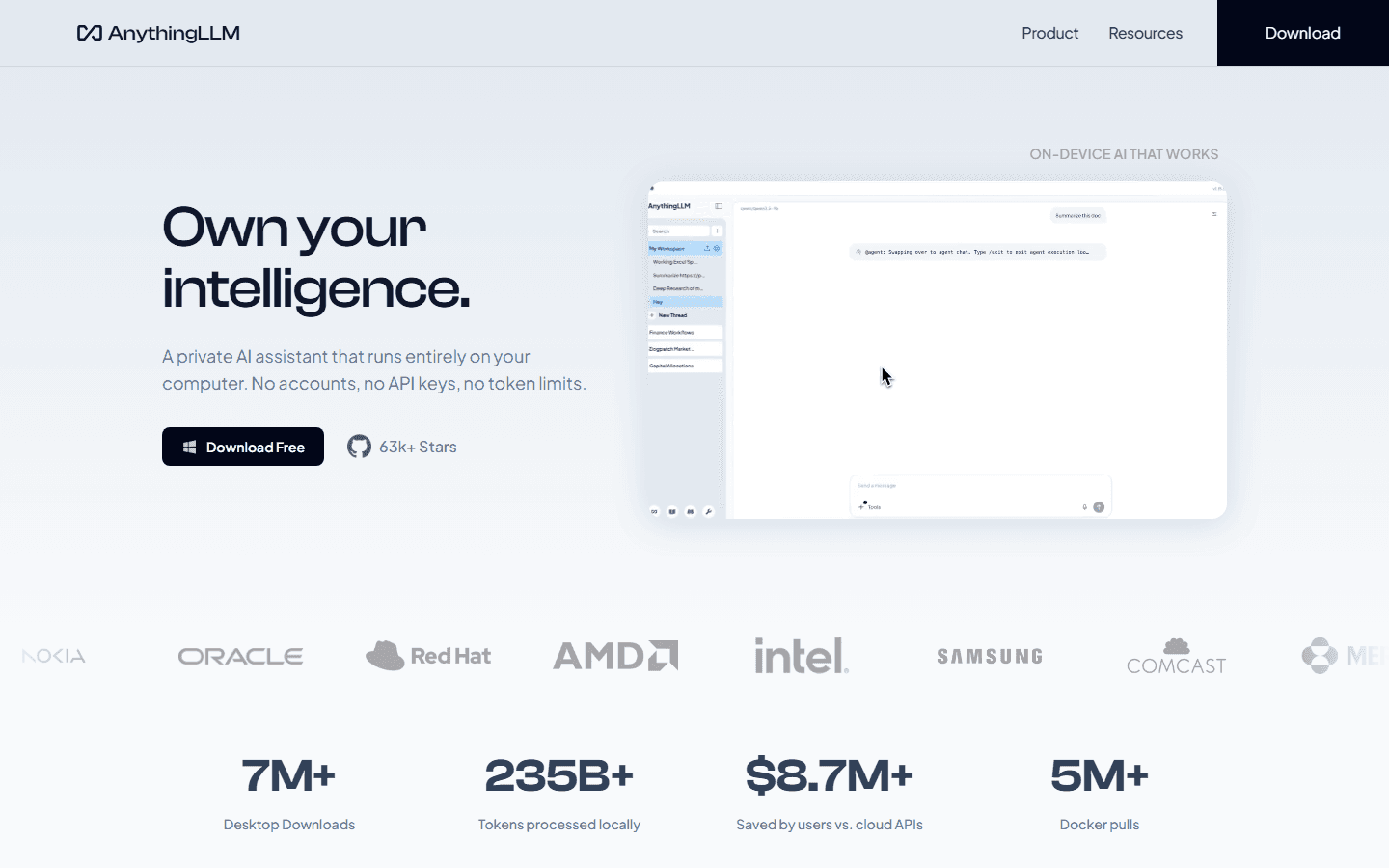 AnythingLLM official English homepage showing its private on-device AI workspace.