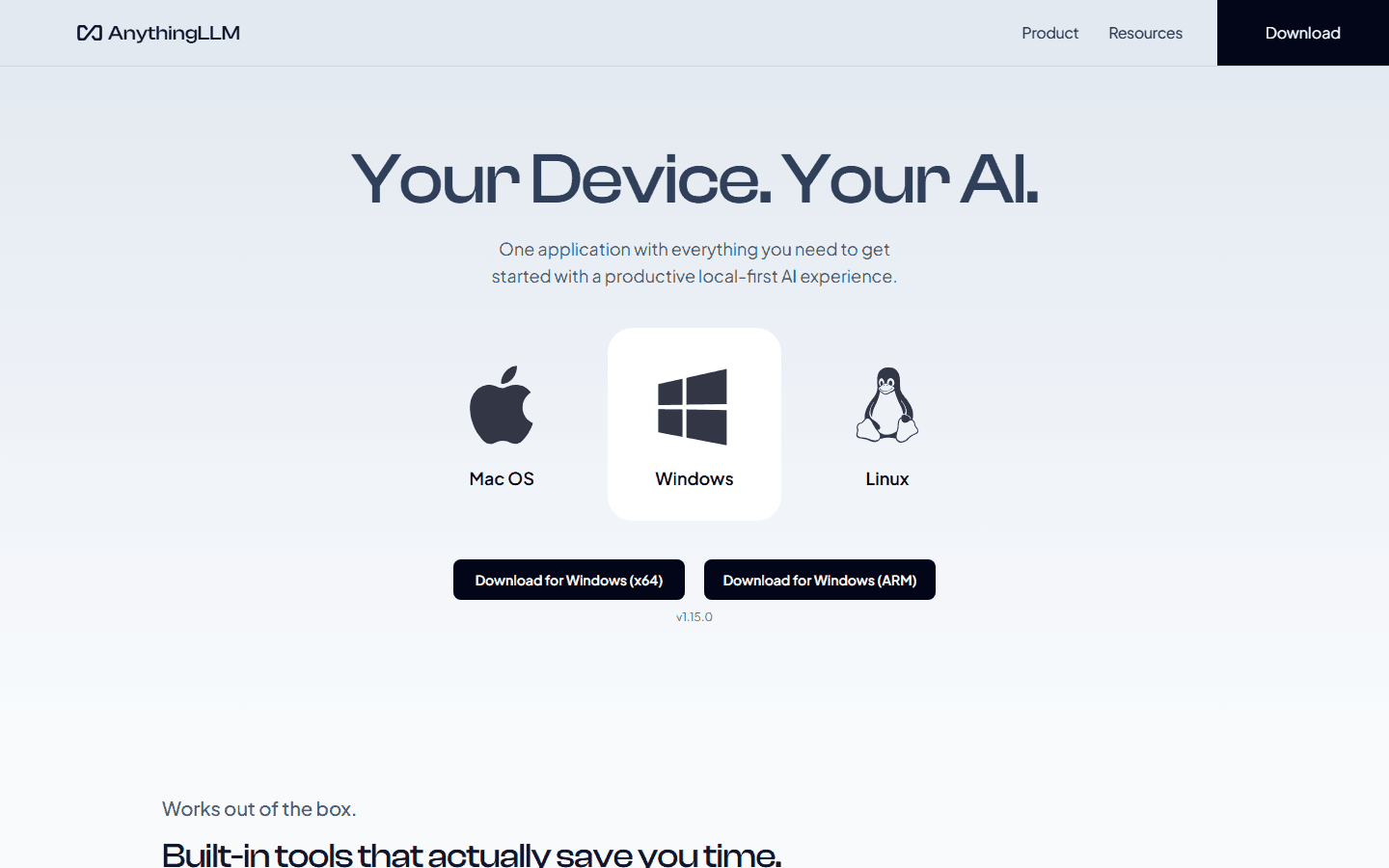 AnythingLLM official English desktop page with Mac, Windows, and Linux downloads.