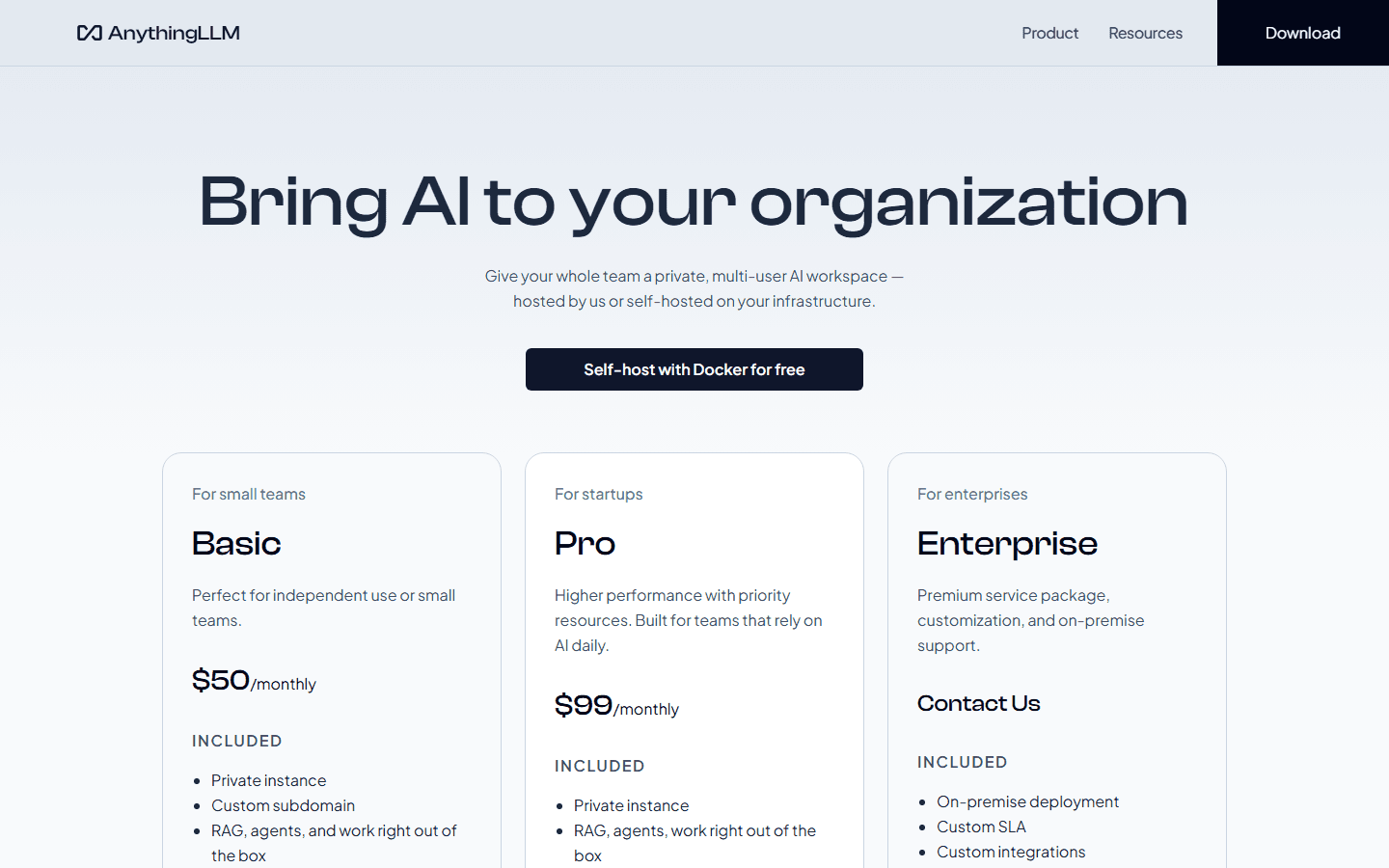 AnythingLLM official English cloud and self-host page for private multi-user team deployments.