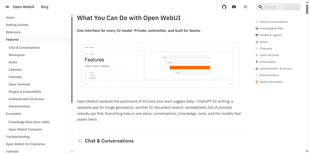 Open WebUI official English feature overview for chat, knowledge, models, tools, access, and administration.