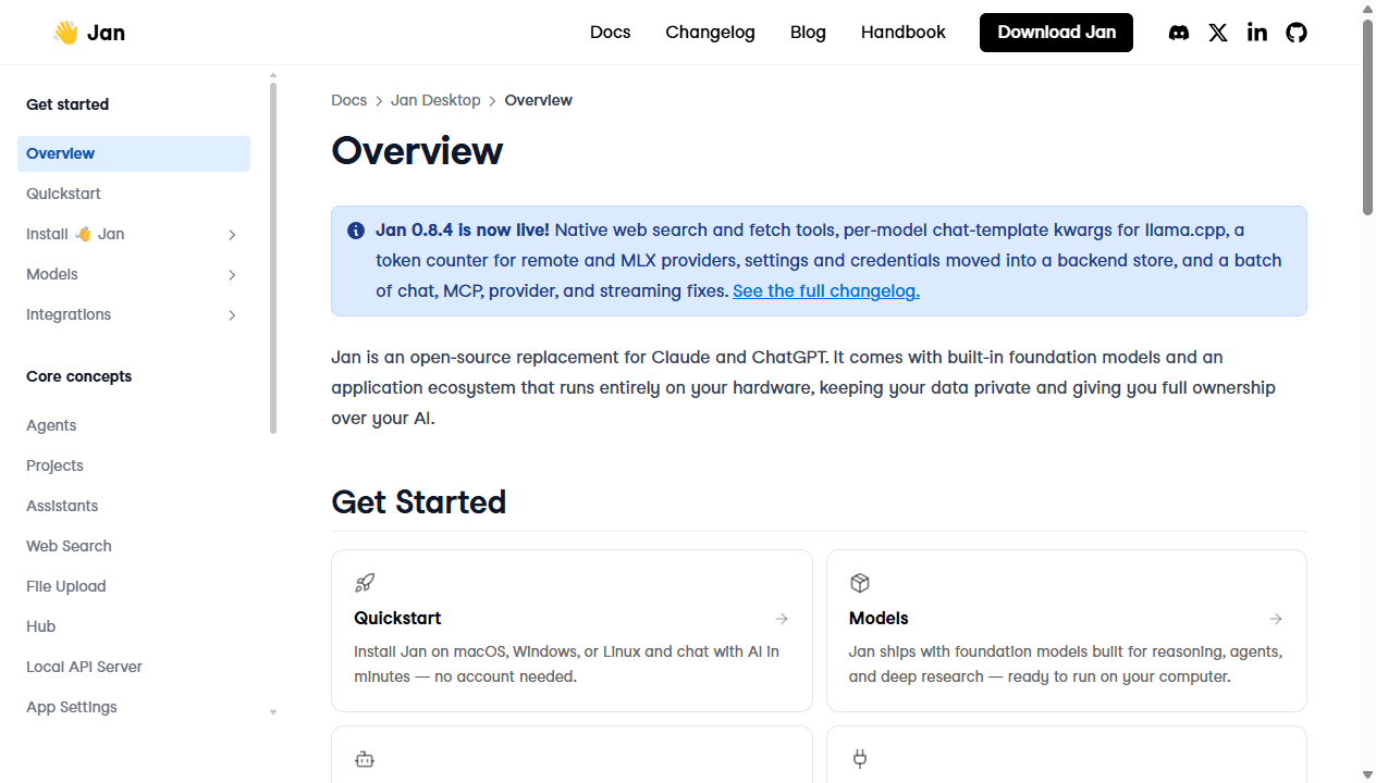Jan official English desktop overview for its open-source local AI application.
