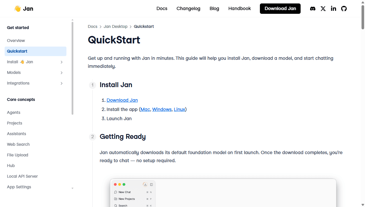 Jan official English quickstart showing desktop installation and first-launch model setup.