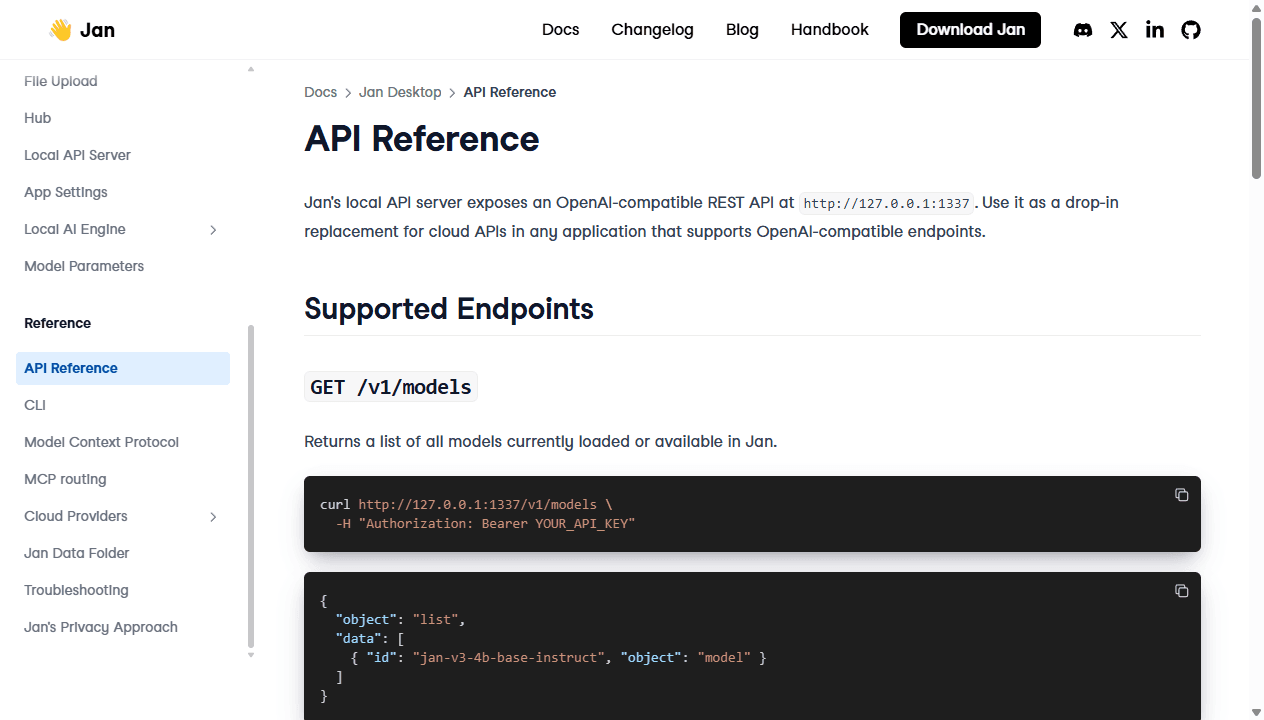 Jan official English API reference for its local OpenAI-compatible server.