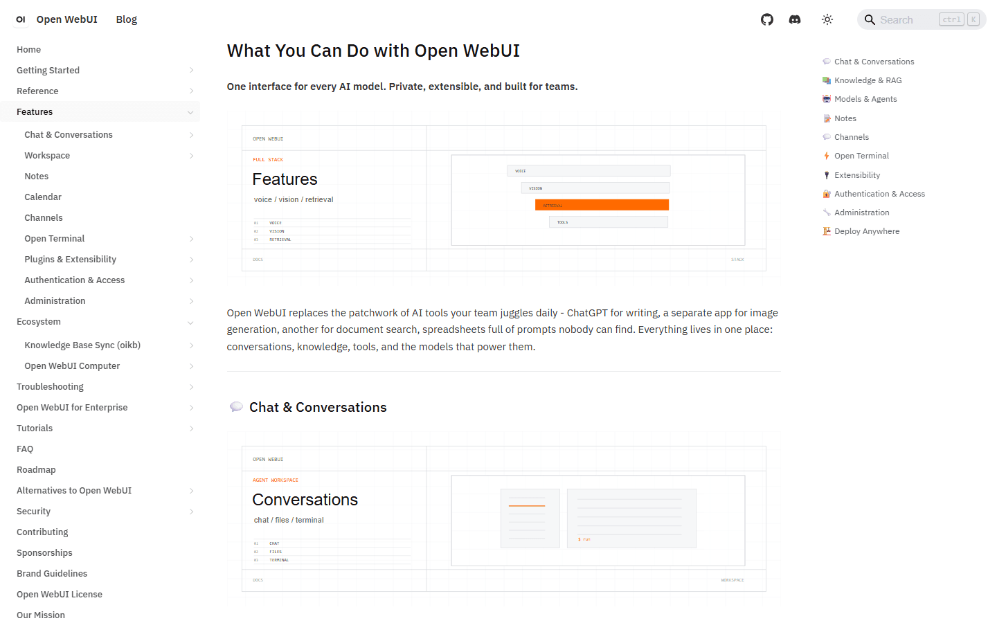 Open WebUI official English feature overview for chat, RAG, models, tools, access, and administration.