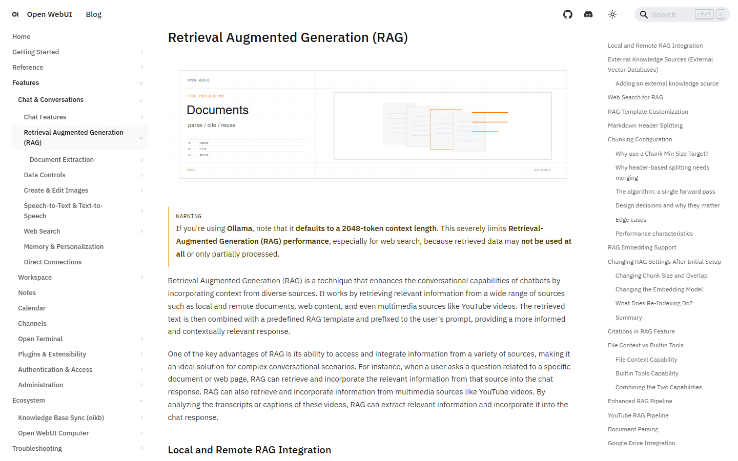 Open WebUI official English RAG documentation with retrieval and context guidance.