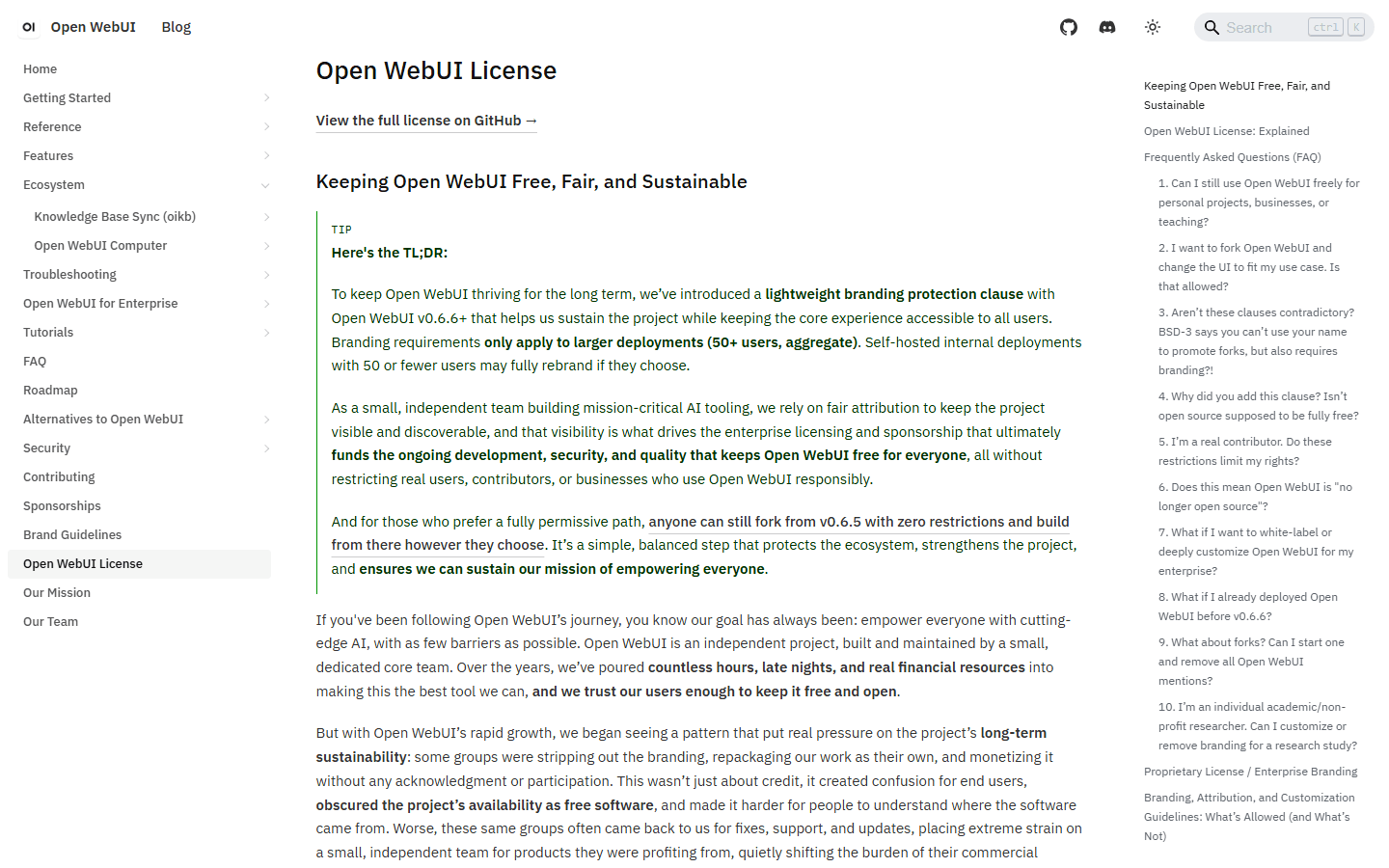 Open WebUI official English license page explaining its branding protection clause.