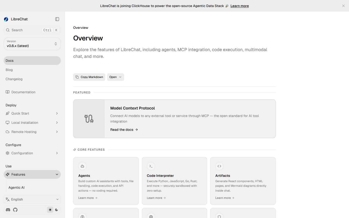 LibreChat official English feature overview showing agents, MCP, code interpreter, and artifacts.