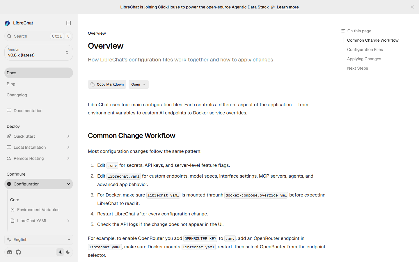 LibreChat official English configuration guide for environment variables, YAML, and Docker overrides.