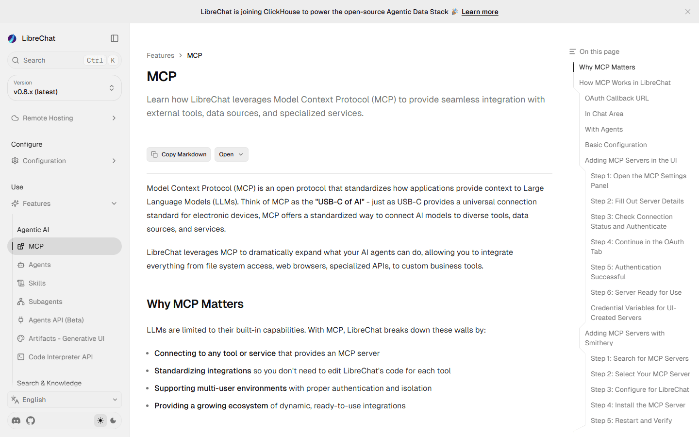 LibreChat official English MCP documentation for tools, agents, authentication, and multi-user access.