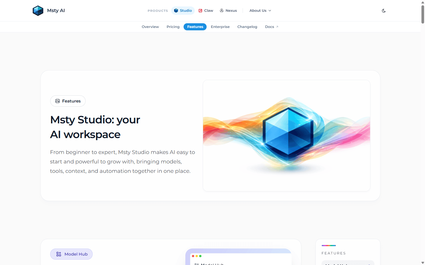 Msty Studio English feature page for local and online models, personas, Knowledge Stacks, Toolbox, and workspaces.