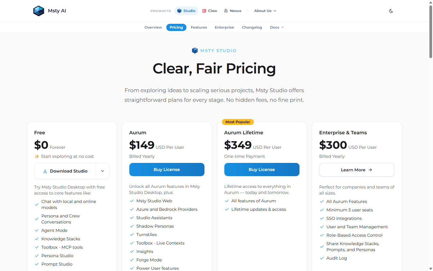 Msty Studio English pricing page with Free, Aurum, lifetime, and Enterprise plans.