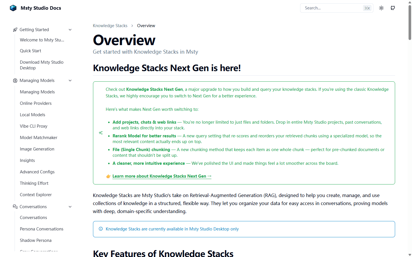 Msty Studio English documentation for Next Gen Knowledge Stacks and retrieval controls.