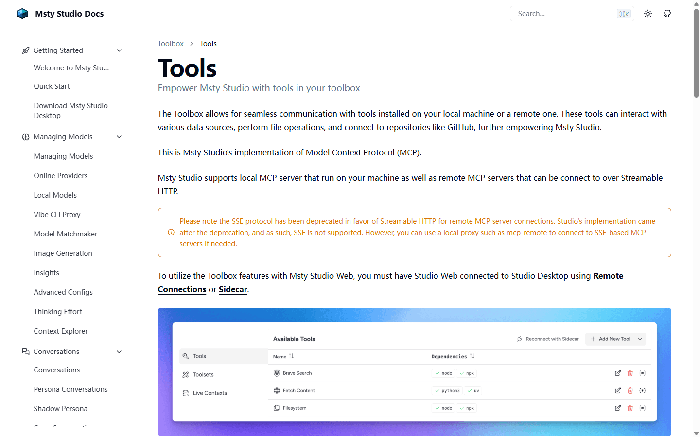 Msty Studio English MCP Toolbox documentation for local and remote tool servers.