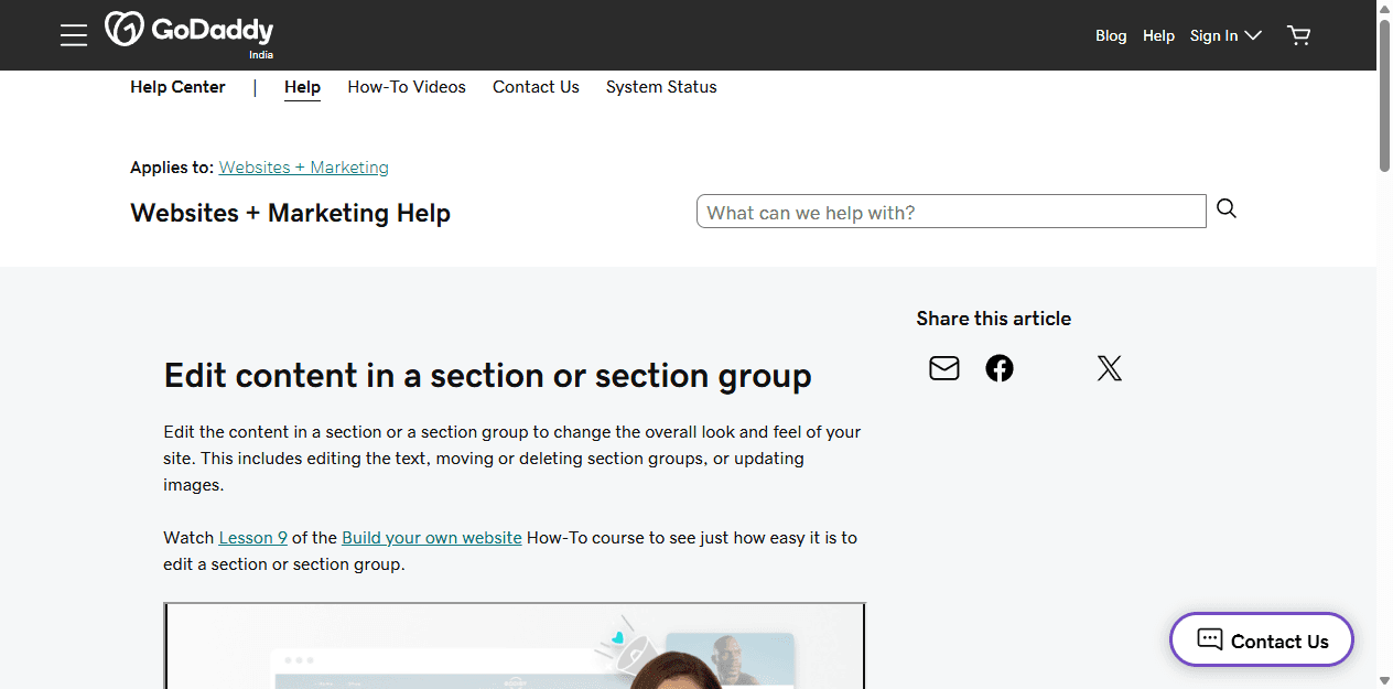 GoDaddy English help page explaining how to edit content in a Websites and Marketing section.