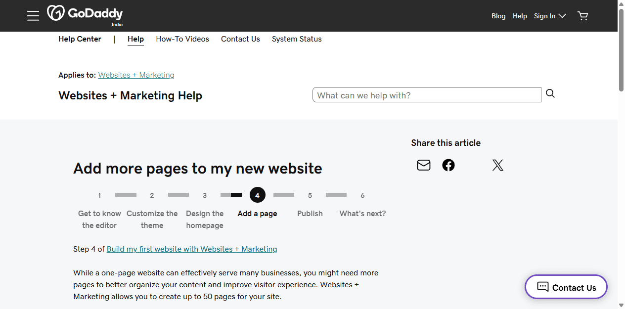 GoDaddy English help page describing how to add pages to a Websites and Marketing site.