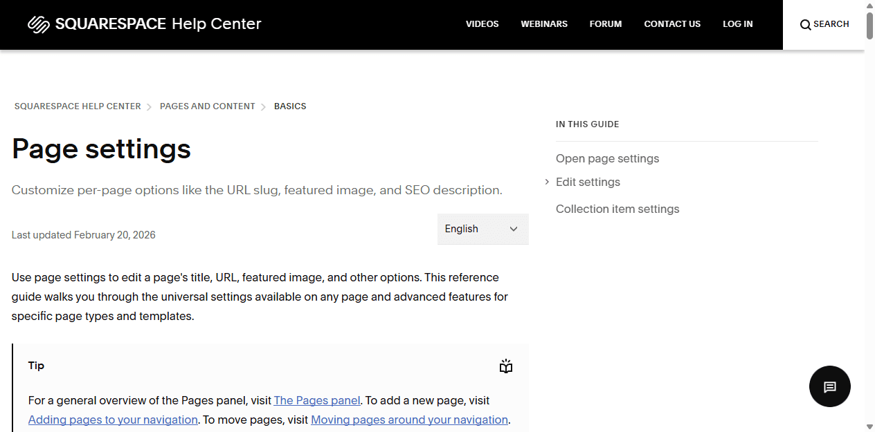 Squarespace English page settings guide for URLs, SEO descriptions, social images, and page controls.