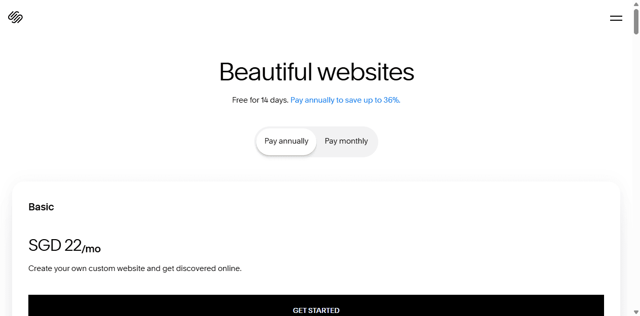 Squarespace English pricing page showing website plans and annual or monthly billing choices.