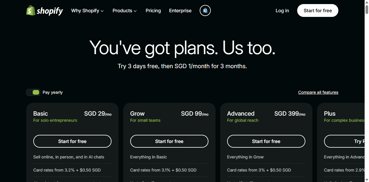 Shopify English pricing page.