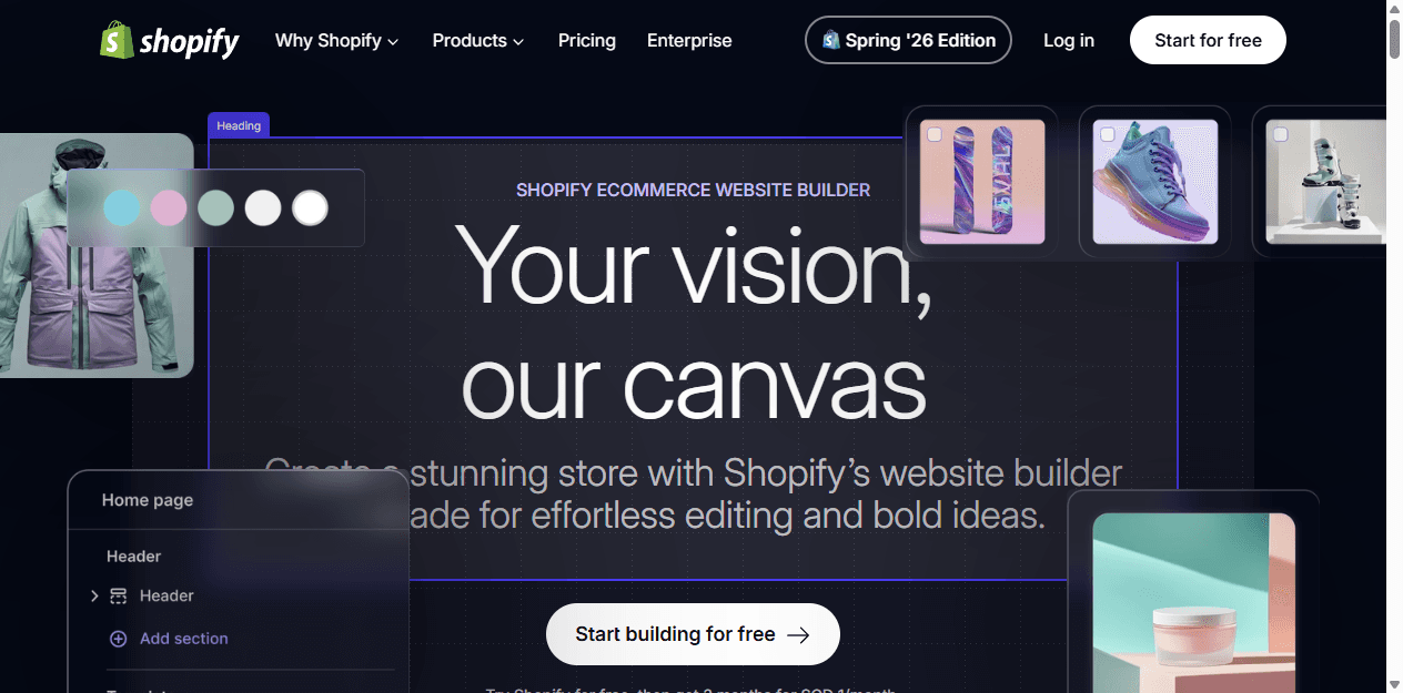 Shopify English ecommerce website builder page.