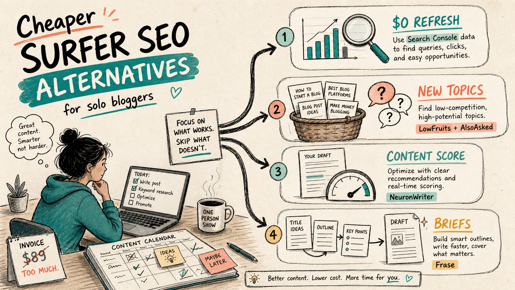 Hand-drawn decision map for choosing cheaper Surfer SEO alternatives by workflow pain.