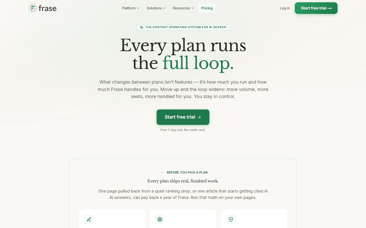 Frase pricing page screenshot.