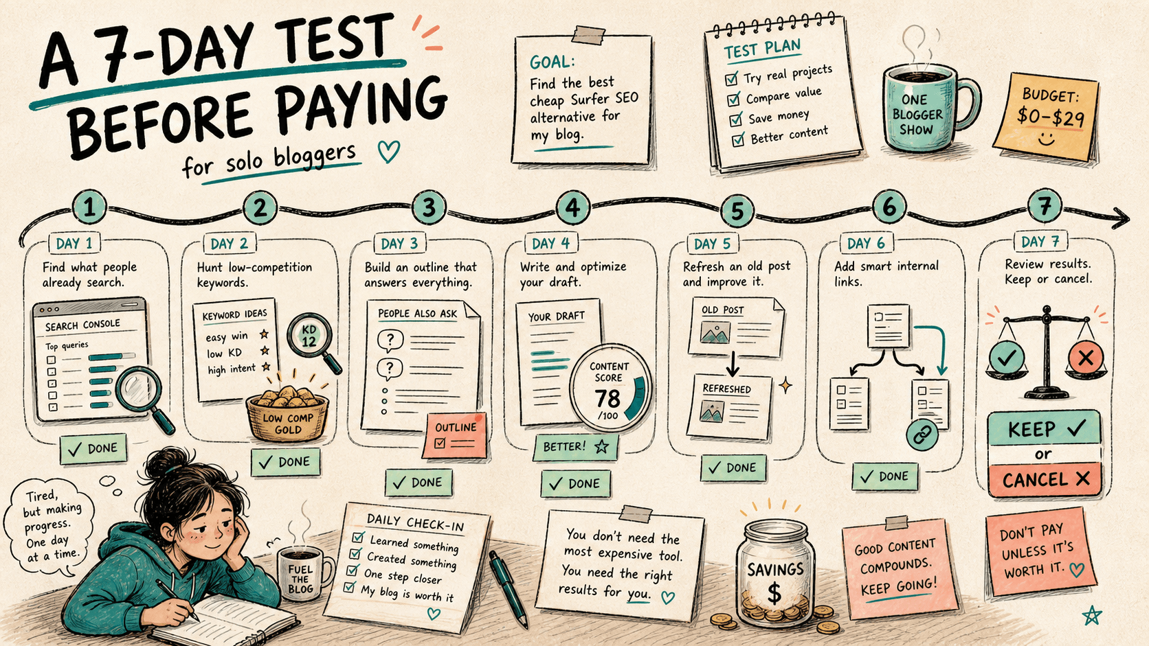 Hand-drawn seven-day trial workflow for testing cheaper Surfer SEO alternatives.