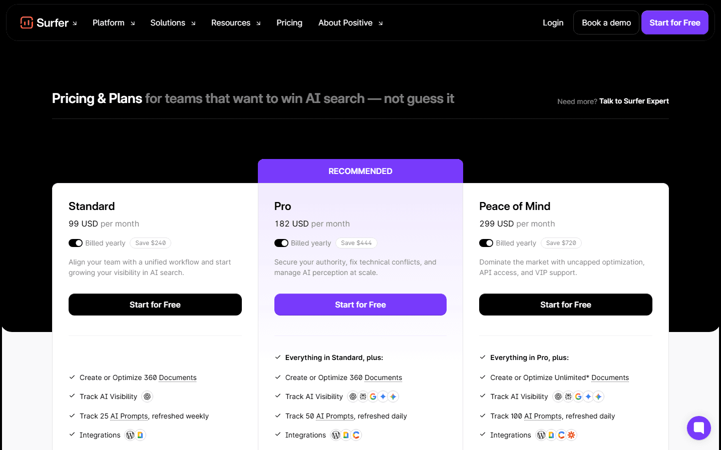 Surfer SEO pricing page screenshot.