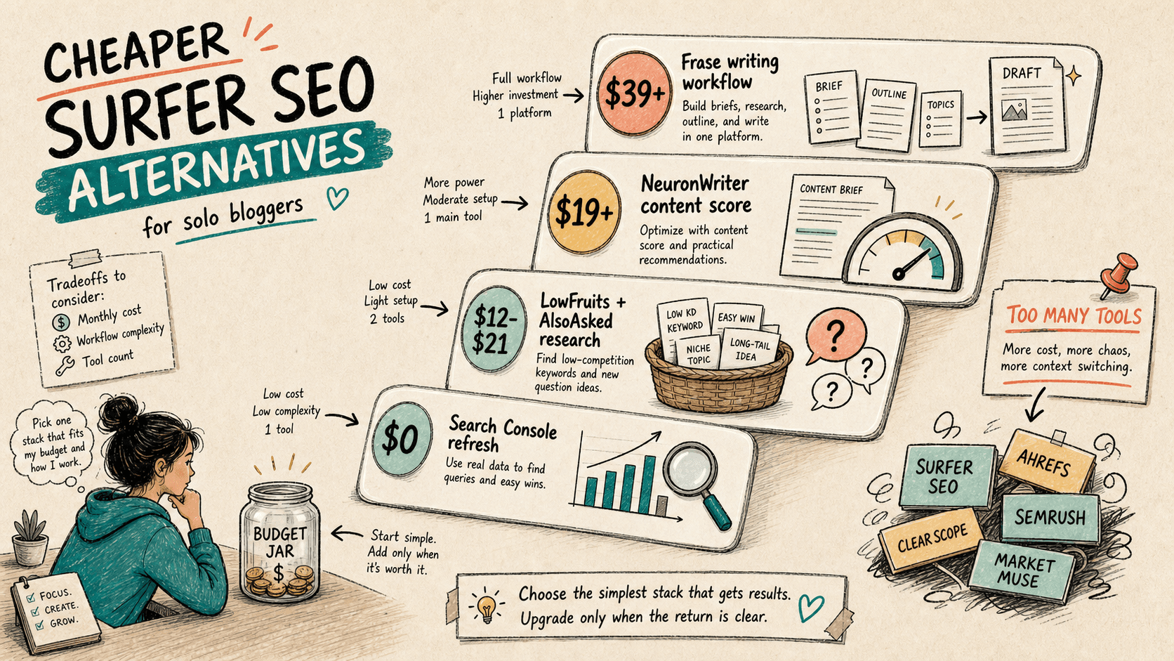 Hand-drawn budget stack map for cheaper Surfer SEO alternatives.