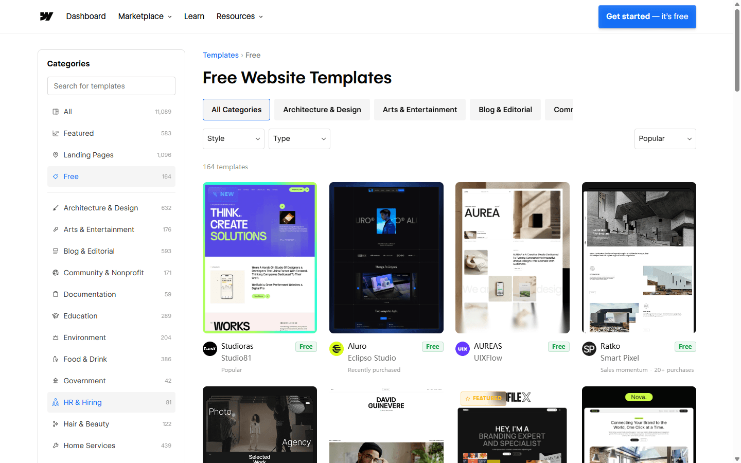 Webflow English free templates page with category, style, type, and popularity filters.