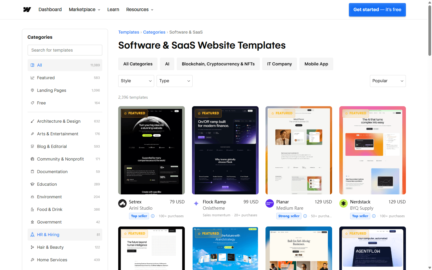 Webflow English Software and SaaS template category with filters, template previews, creators, and prices.