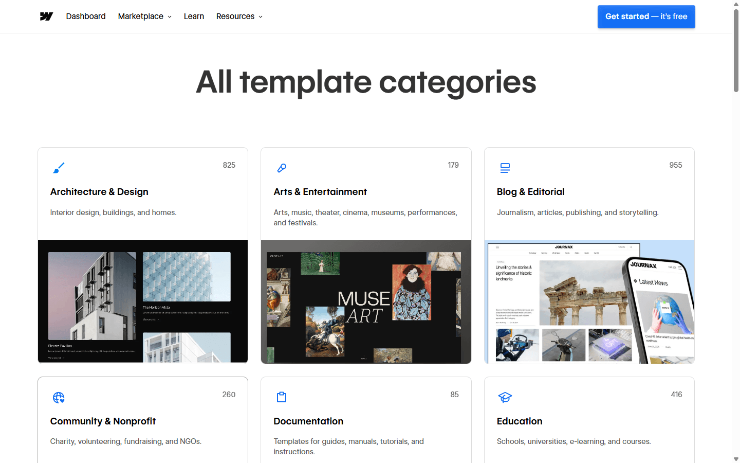 Webflow English template categories page showing architecture, arts, editorial, nonprofit, documentation, and education categories.
