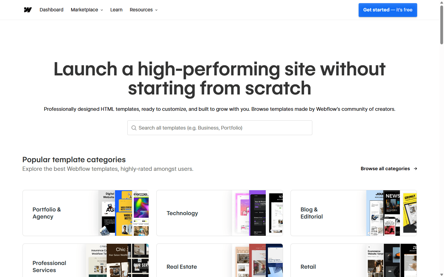 Webflow English template marketplace with search and popular categories for portfolios, technology, editorial sites, services, real estate, and retail.