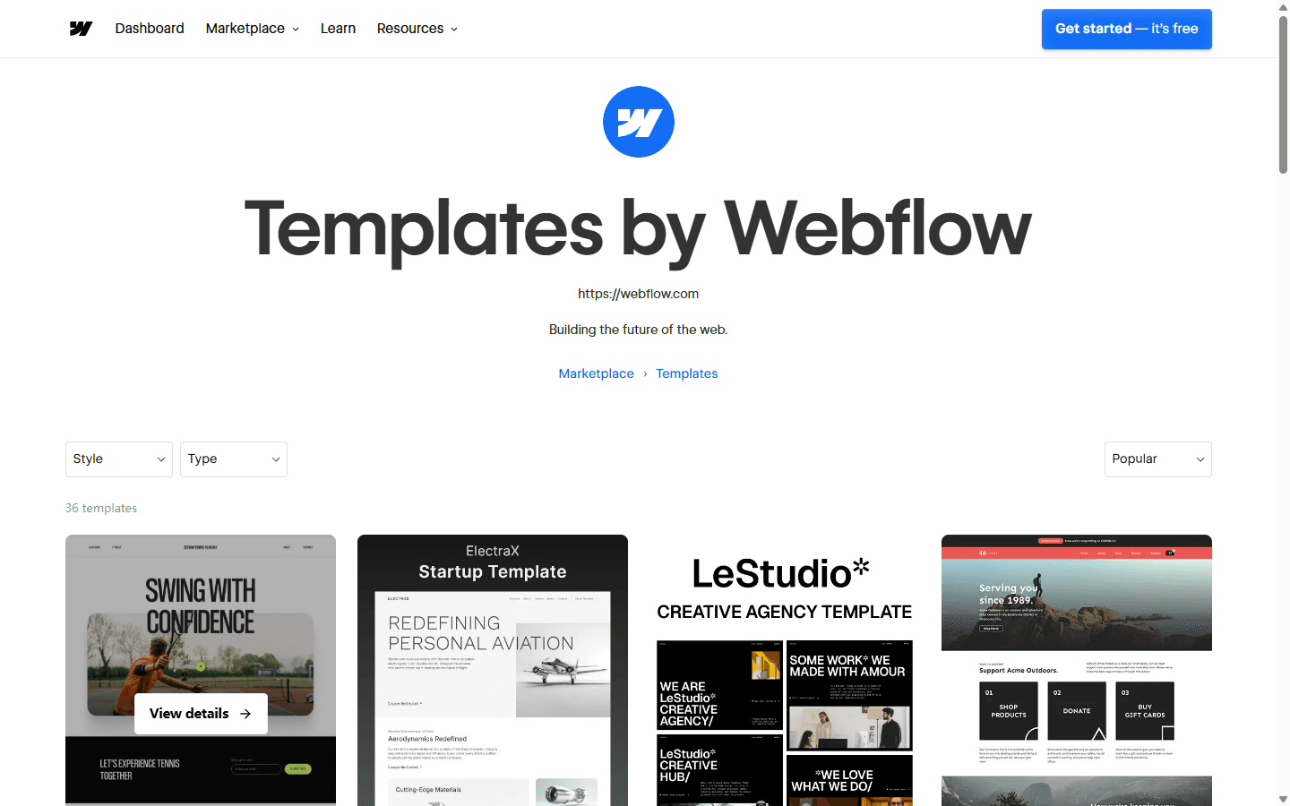Webflow English designer page showing templates published by Webflow with style and type filters.