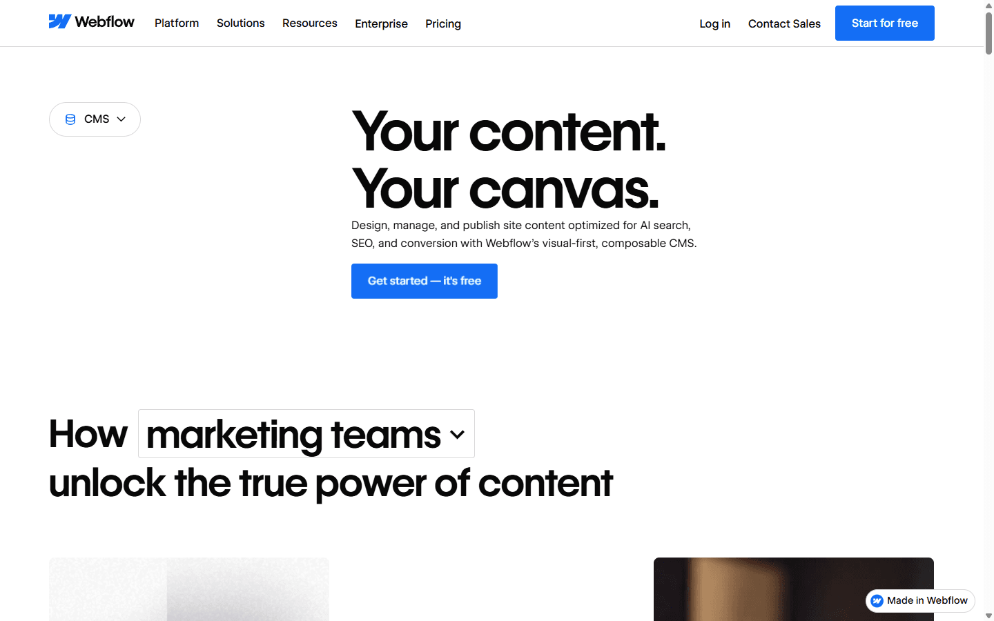 Webflow English CMS page describing visual content design, management, publishing, SEO, and conversion workflows.