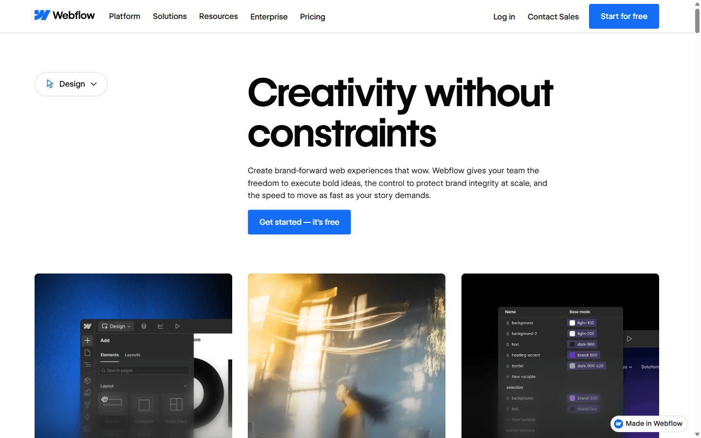 Webflow English design page describing visual website creation, variables, layouts, and brand control.