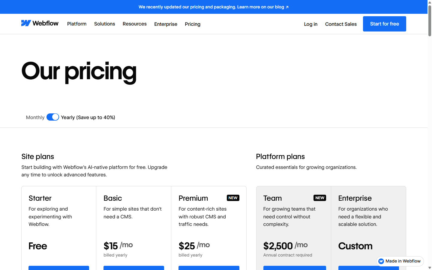 Webflow English pricing page showing Starter, Basic, Premium, Team, and Enterprise plans.