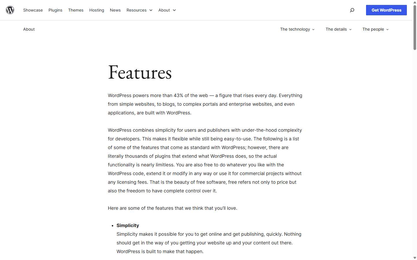 WordPress.org English features page explaining publishing, themes, plugins, ownership, and open-source flexibility.