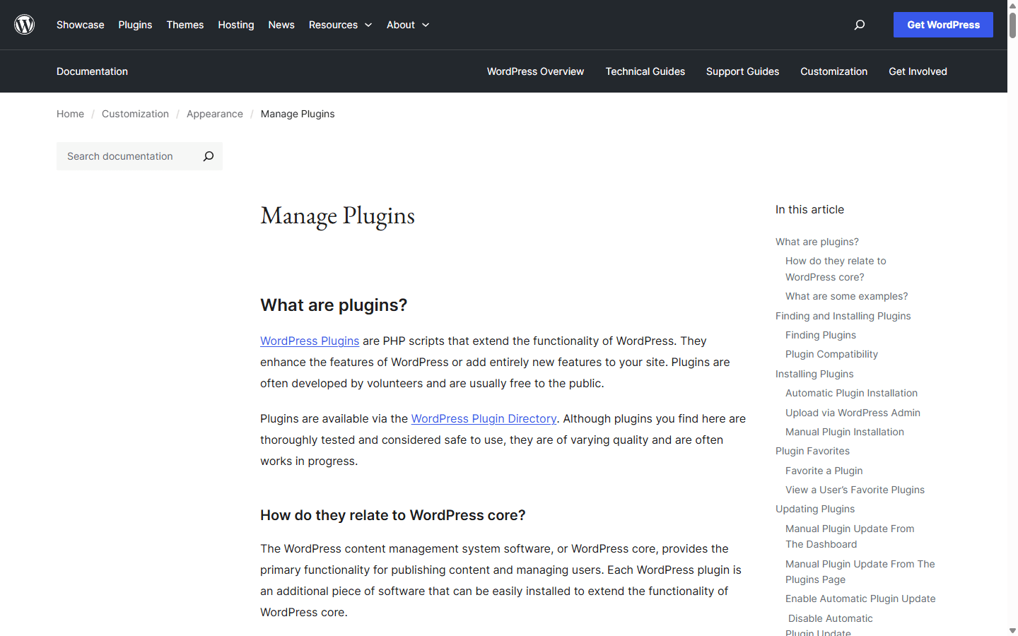 WordPress.org English plugin management guide explaining plugins, compatibility, installation, and updates.